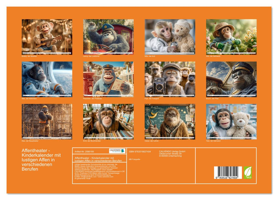 Affentheater - Kinderkalender mit lustigen Affen in verschiedenen Berufen (CALVENDO Premium Wandkalender 2026)