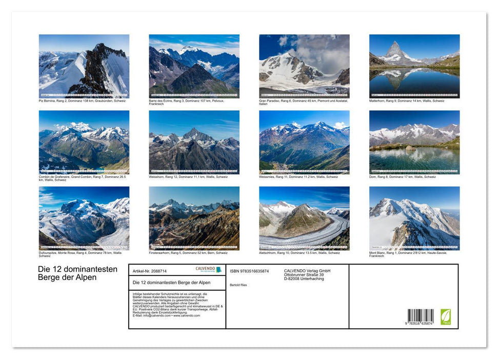 Die 12 dominantesten Berge der Alpen (CALVENDO Wandkalender 2026)