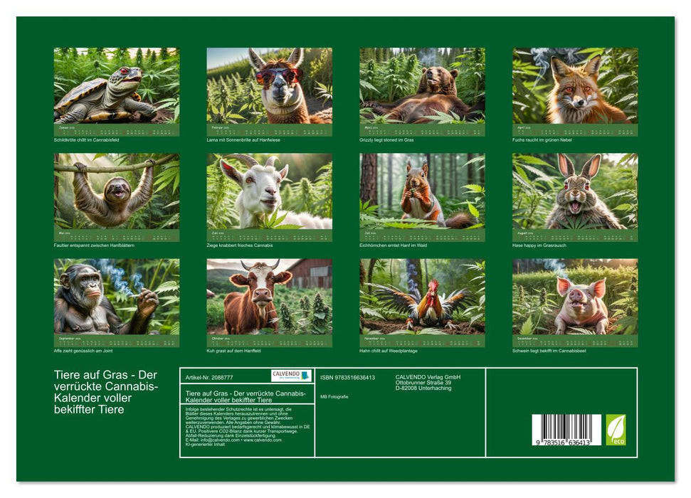 Tiere auf Gras - Der verrückte Cannabis-Kalender voller bekiffter Tiere (CALVENDO Premium Wandkalender 2026)
