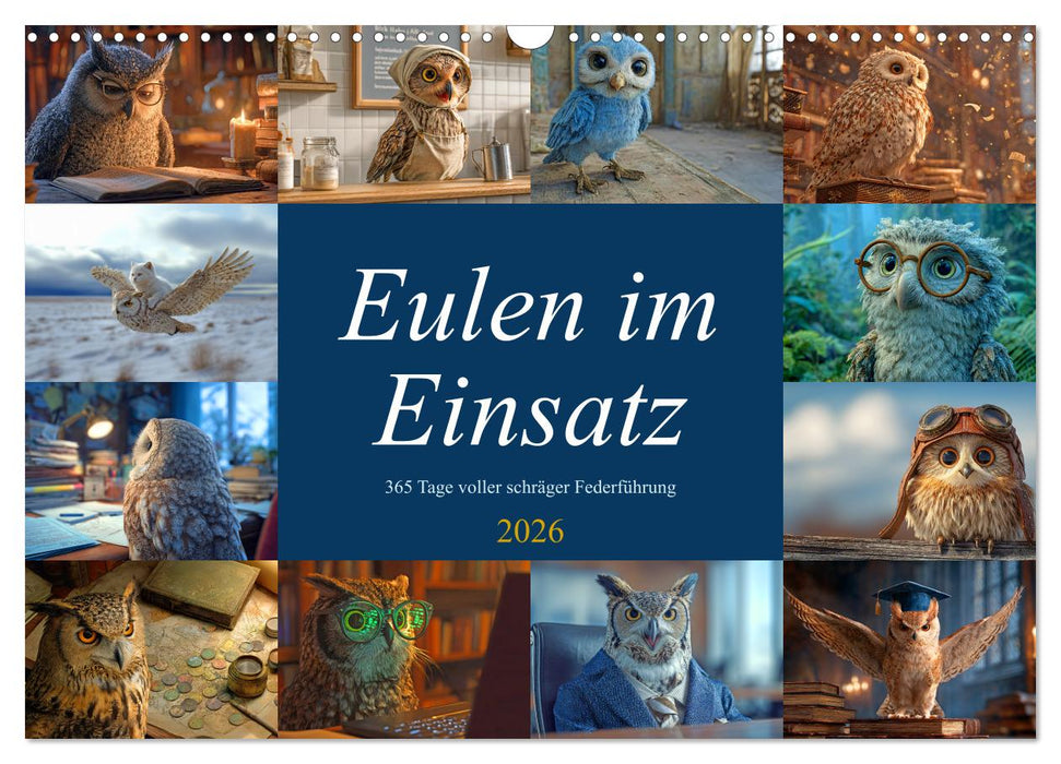 Eulen im Einsatz - 365 Tage voller schräger Federführung (CALVENDO Wandkalender 2026)