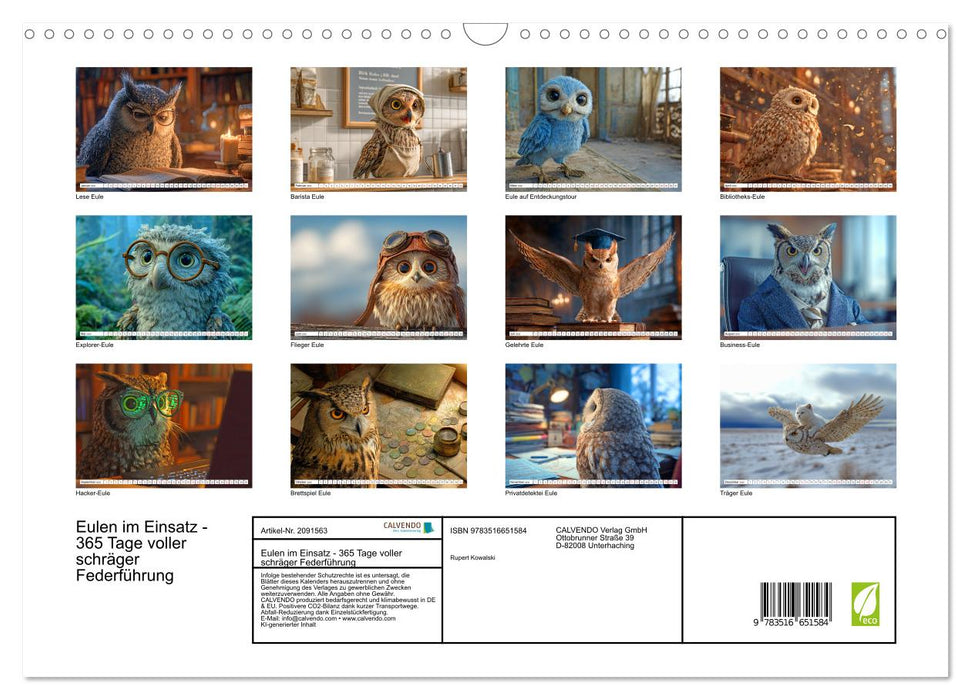 Eulen im Einsatz - 365 Tage voller schräger Federführung (CALVENDO Wandkalender 2026)