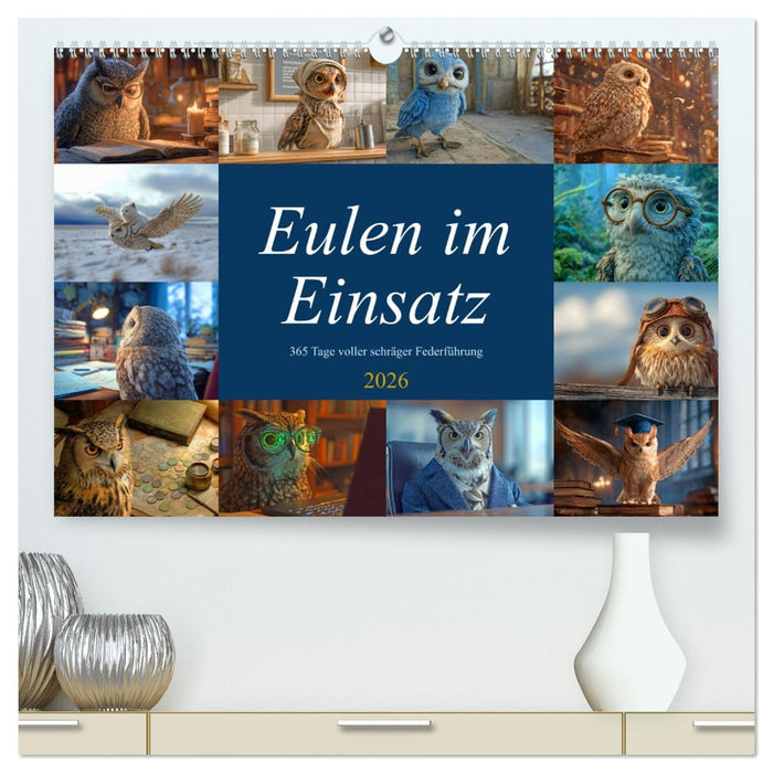 Eulen im Einsatz - 365 Tage voller schräger Federführung (CALVENDO Premium Wandkalender 2026)