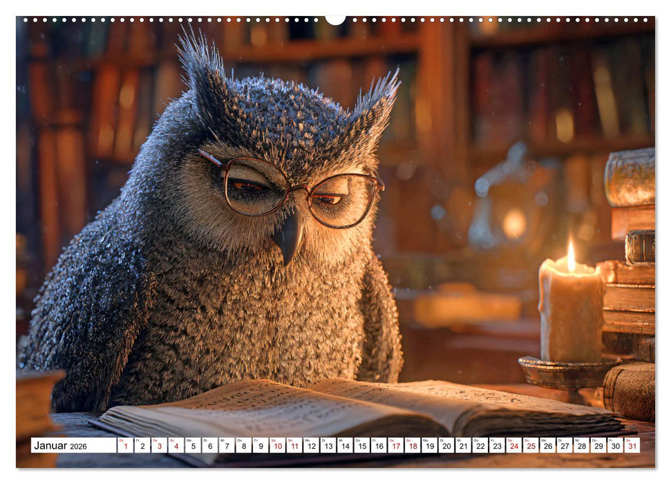 Eulen im Einsatz - 365 Tage voller schräger Federführung (CALVENDO Premium Wandkalender 2026)