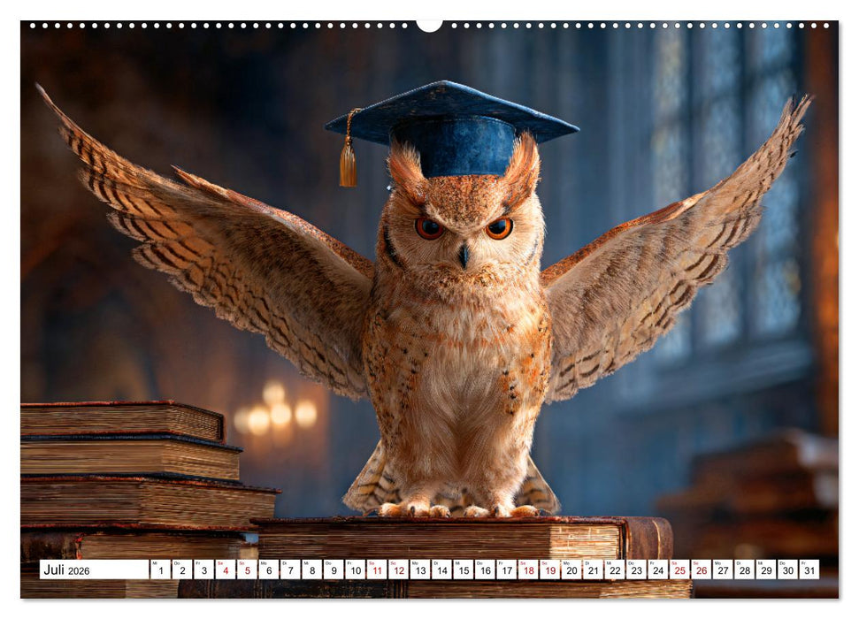 Eulen im Einsatz - 365 Tage voller schräger Federführung (CALVENDO Premium Wandkalender 2026)