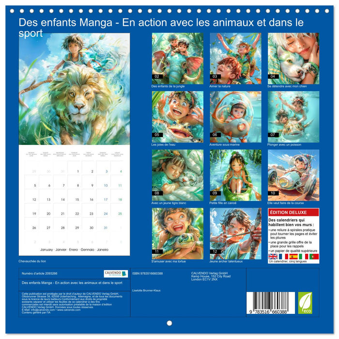 Des enfants Manga - En action avec les animaux et dans le sport (CALVENDO Calendrier mensuel 2026)