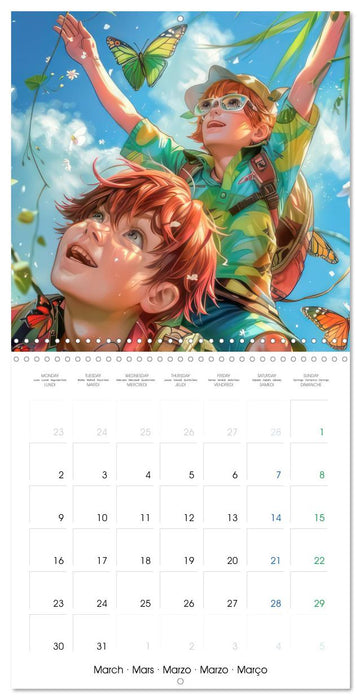 Des enfants Manga - En action avec les animaux et dans le sport (CALVENDO Calendrier mensuel 2026)