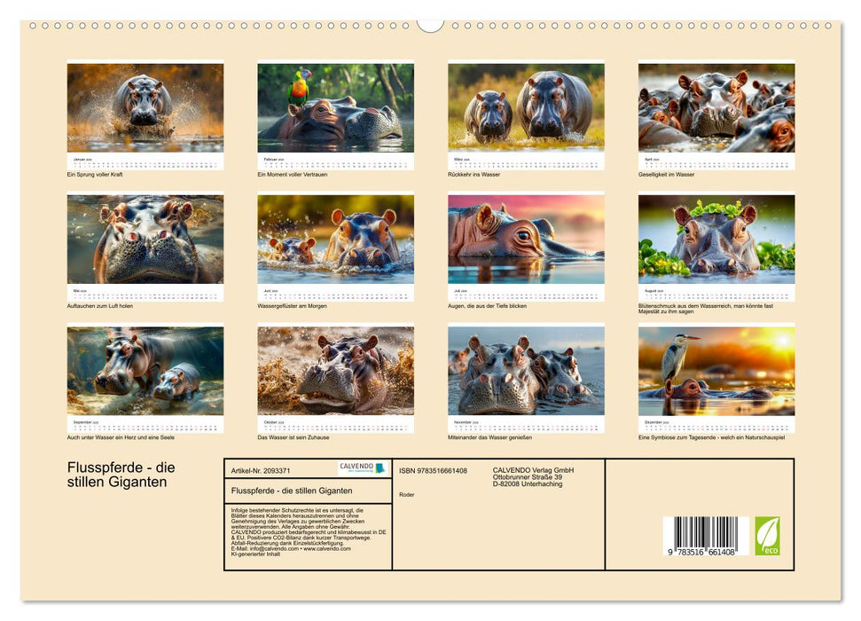 Flusspferde - die stillen Giganten (CALVENDO Premium Wandkalender 2026)