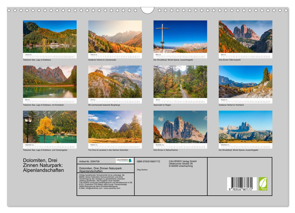 Dolomiten, Drei Zinnen Naturpark: Alpenlandschaften (CALVENDO Wandkalender 2026)