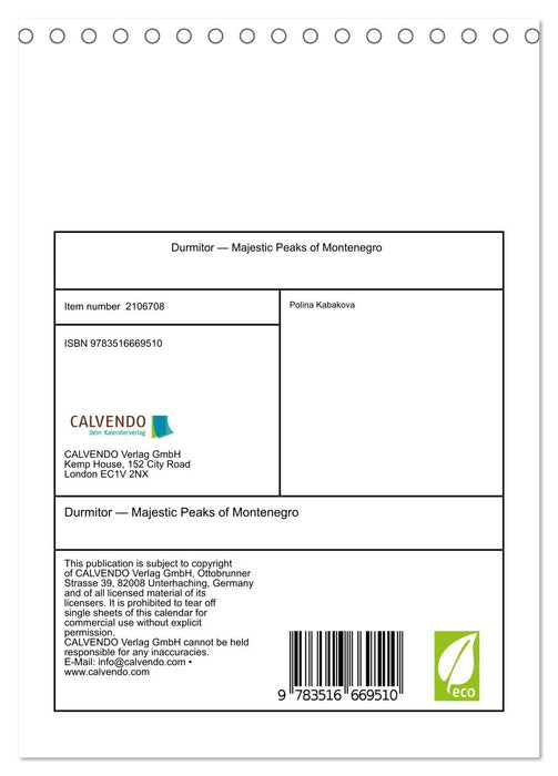 Durmitor — Majestic Peaks of Montenegro (CALVENDO Monthly Calendar 2026)