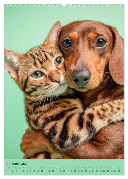 Freundschaftskalender - Katzen und Hunde, beste Freunde in Umarmung (CALVENDO Wandkalender 2026)