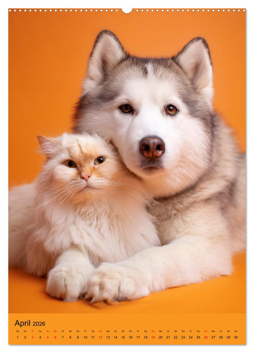 Freundschaftskalender - Katzen und Hunde, beste Freunde in Umarmung (CALVENDO Wandkalender 2026)