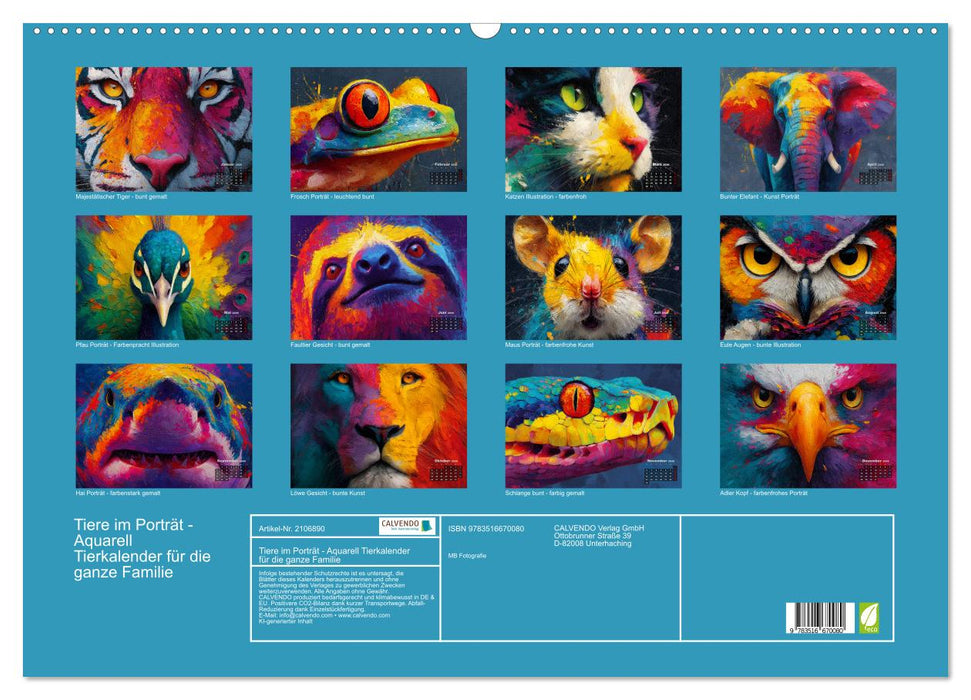 Tiere im Porträt - Aquarell Tierkalender für die ganze Familie (CALVENDO Wandkalender 2026)