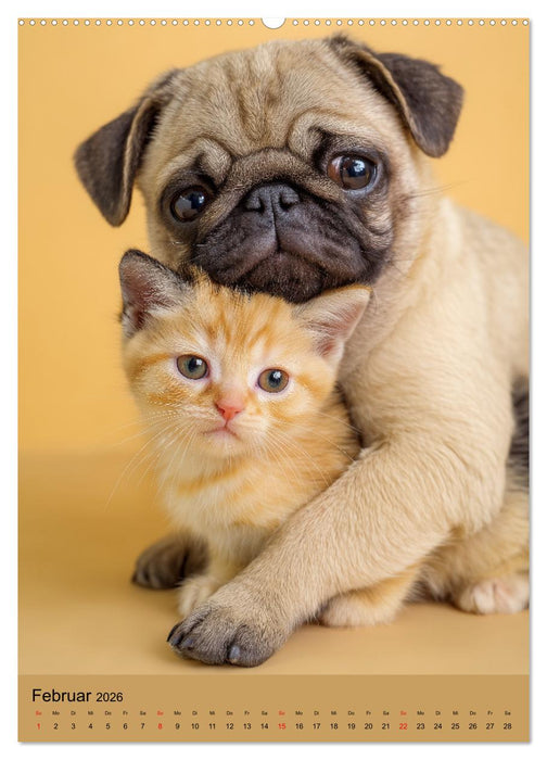 Freundschaftskalender - Katzen und Hunde, beste Freunde in Umarmung (CALVENDO Premium Wandkalender 2026)