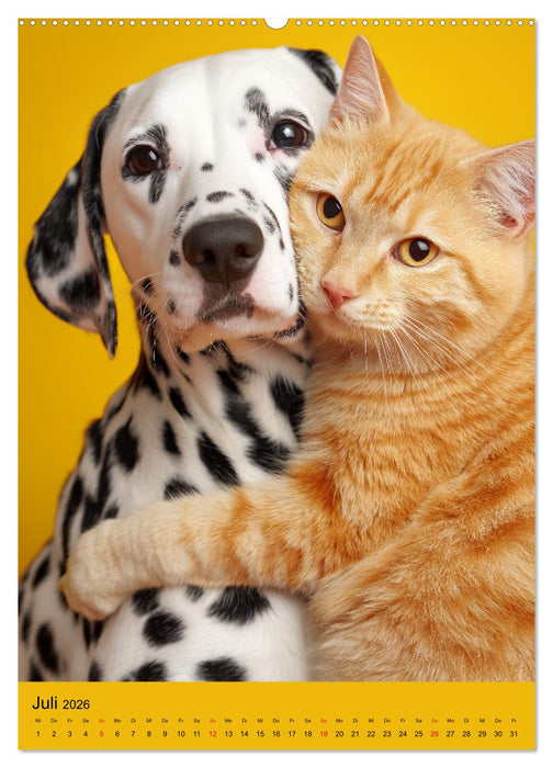 Freundschaftskalender - Katzen und Hunde, beste Freunde in Umarmung (CALVENDO Premium Wandkalender 2026)