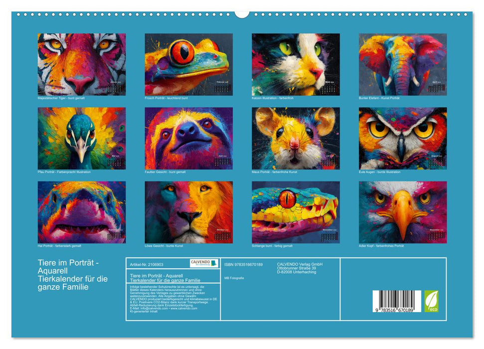 Tiere im Porträt - Aquarell Tierkalender für die ganze Familie (CALVENDO Premium Wandkalender 2026)