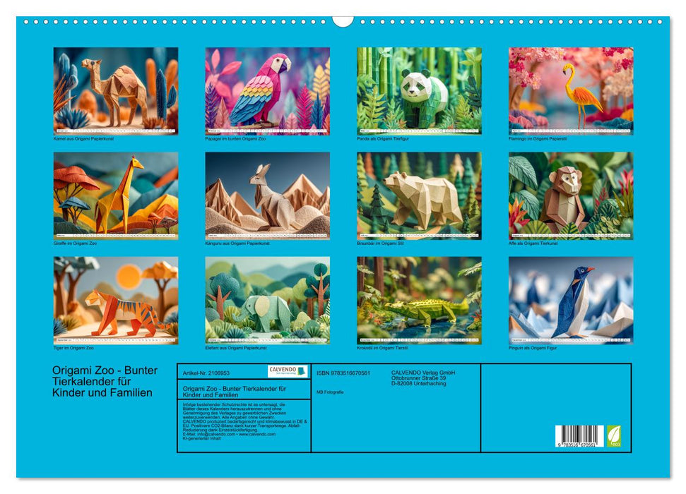 Origami Zoo - Bunter Tierkalender für Kinder und Familien (CALVENDO Wandkalender 2026)