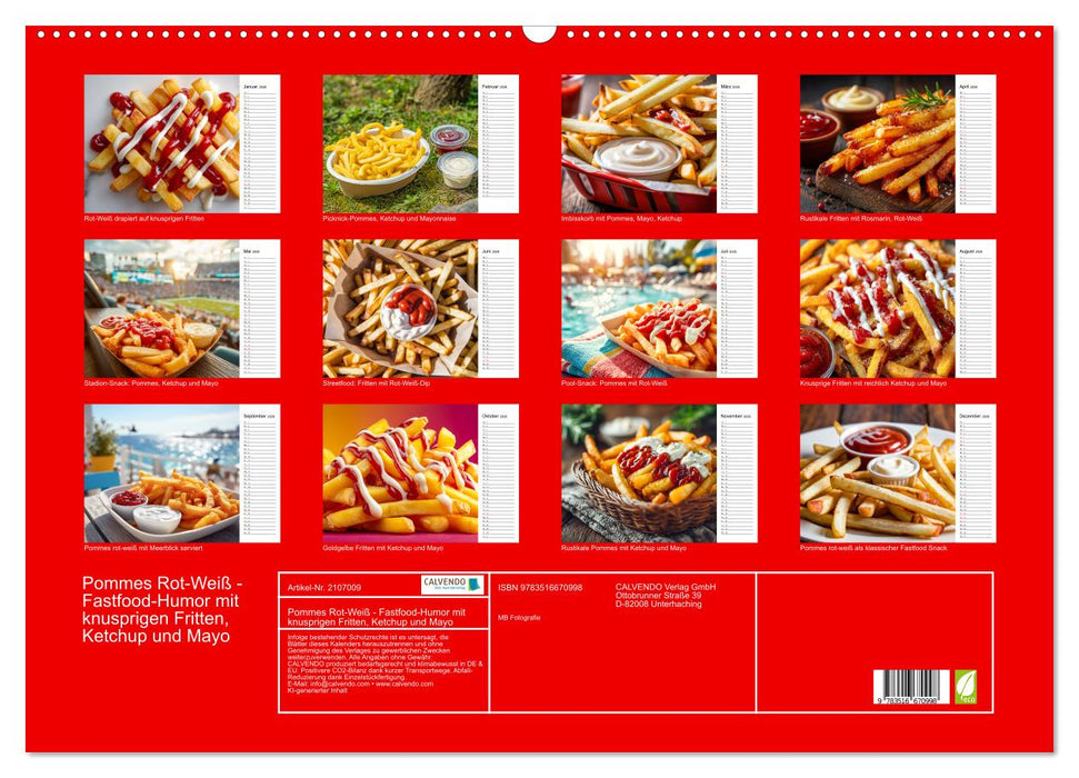 Pommes Rot-Weiß - Fastfood-Humor mit knusprigen Fritten, Ketchup und Mayo (CALVENDO Wandkalender 2026)