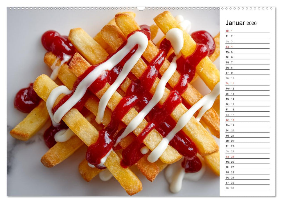 Pommes Rot-Weiß - Fastfood-Humor mit knusprigen Fritten, Ketchup und Mayo (CALVENDO Wandkalender 2026)