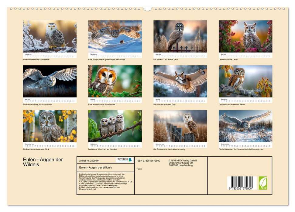 Eulen - Augen der Wildnis (CALVENDO Premium Wandkalender 2026)