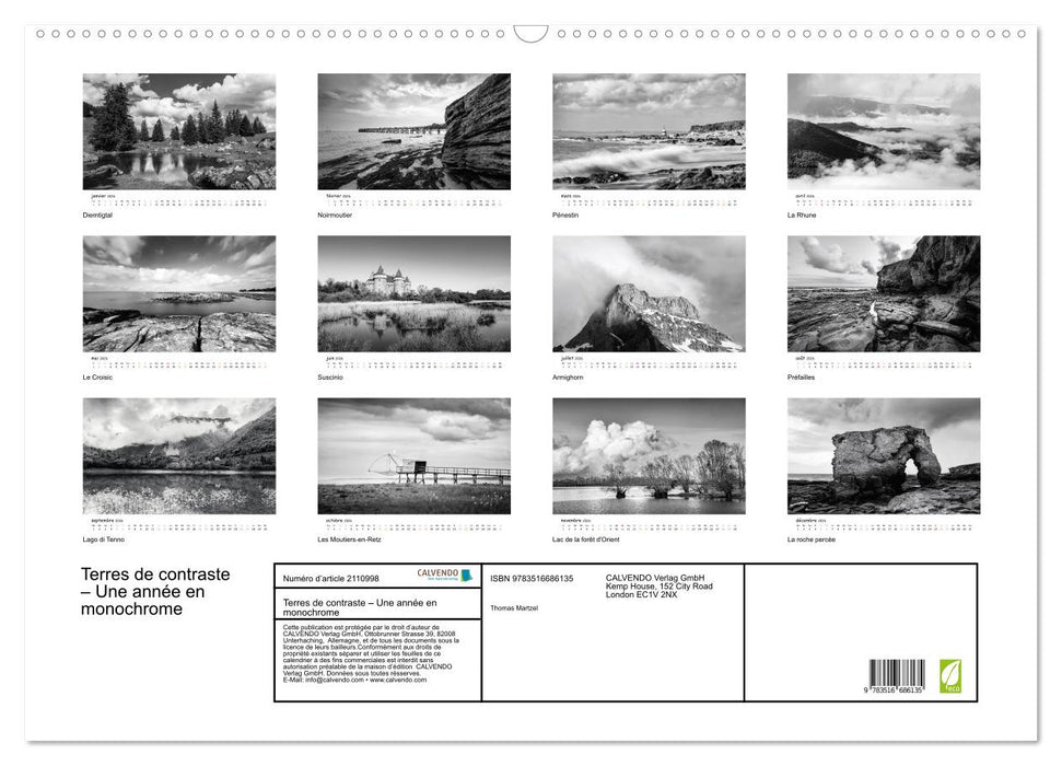 Terres de contraste – Une année en monochrome (CALVENDO Calendrier mensuel 2026)