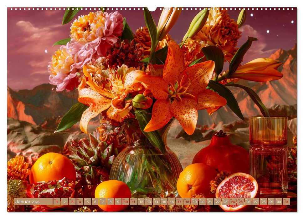 Bloom und Bite. KI mixt Blumen, Obst und Gemüse (CALVENDO Wandkalender 2026)