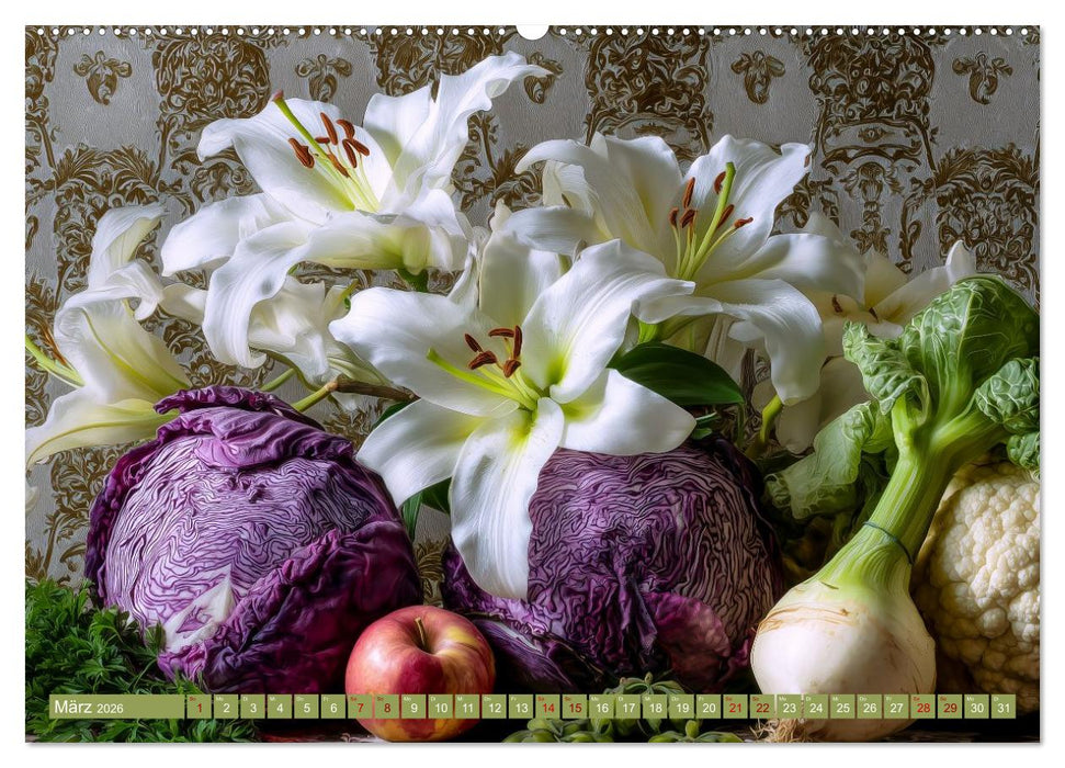 Bloom und Bite. KI mixt Blumen, Obst und Gemüse (CALVENDO Premium Wandkalender 2026)