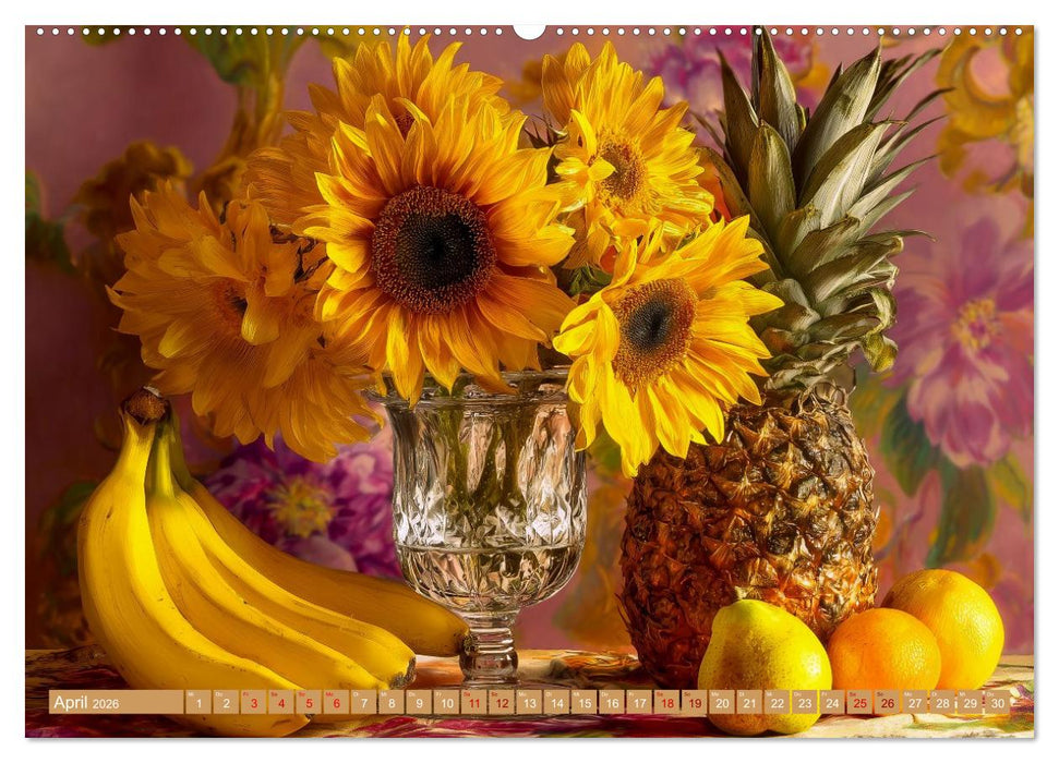 Bloom und Bite. KI mixt Blumen, Obst und Gemüse (CALVENDO Premium Wandkalender 2026)