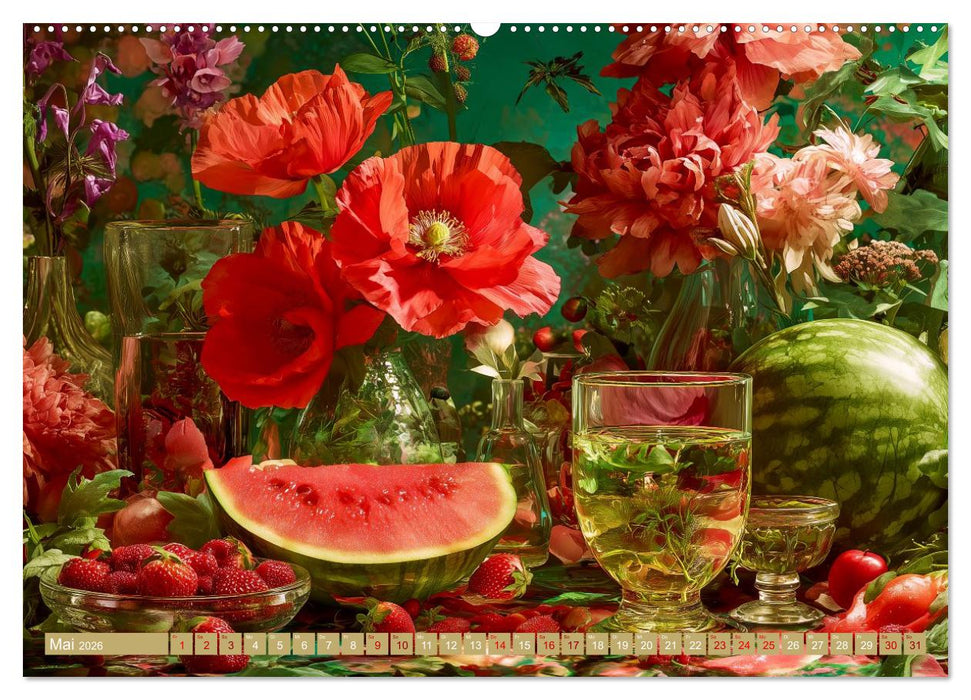 Bloom und Bite. KI mixt Blumen, Obst und Gemüse (CALVENDO Premium Wandkalender 2026)