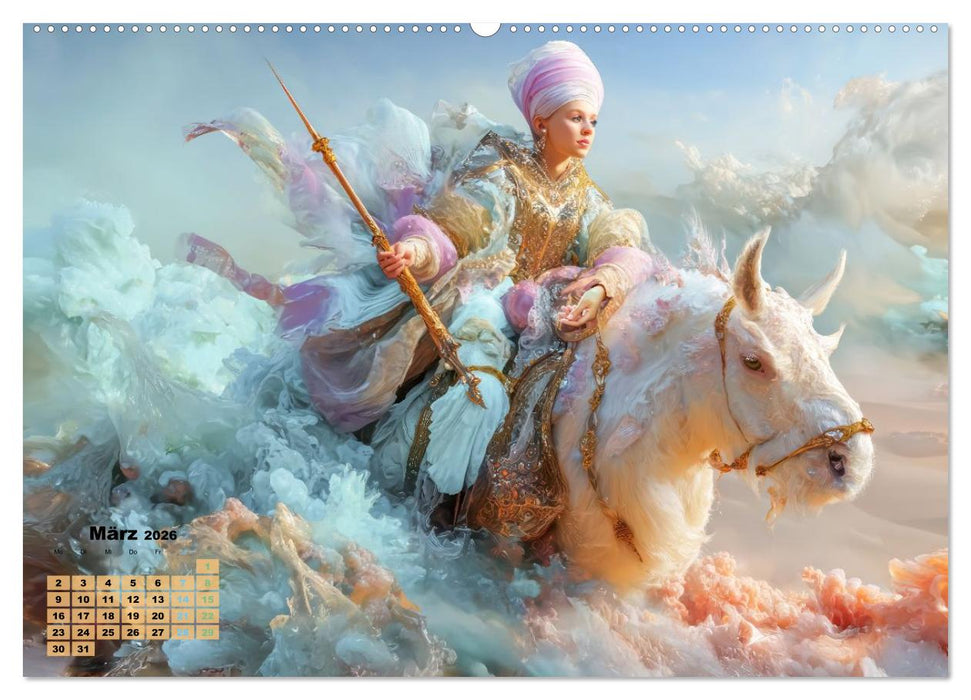 Ritte auf Fantasiekreaturen - Durch Wüstenlandschaft (CALVENDO Premium Wandkalender 2026)