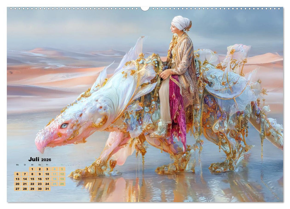 Ritte auf Fantasiekreaturen - Durch Wüstenlandschaft (CALVENDO Premium Wandkalender 2026)