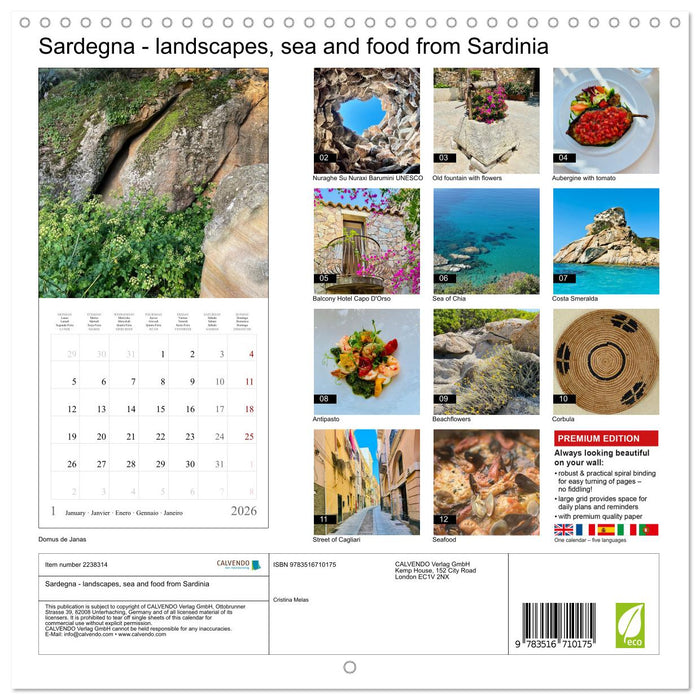 Sardegna - landscapes, sea and food from Sardinia (CALVENDO Monthly Calendar 2026)
