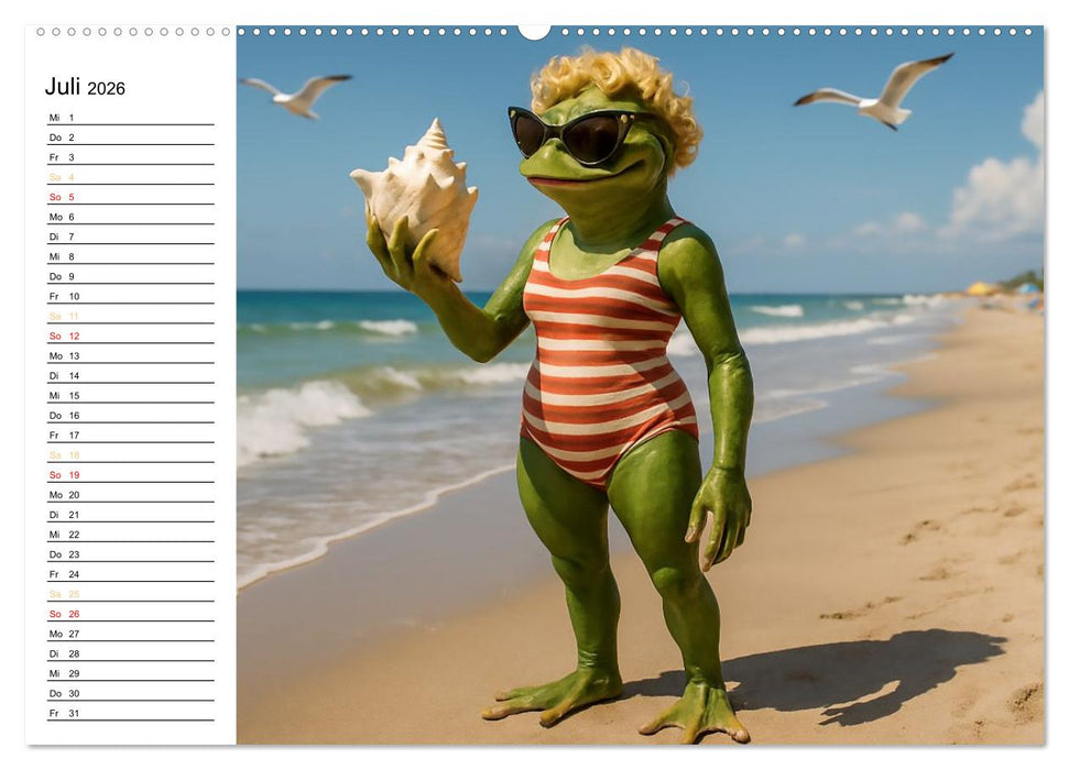 Frosch am Strand - Sommer, Sonne, grüne Haut (CALVENDO Premium Wandkalender 2026)