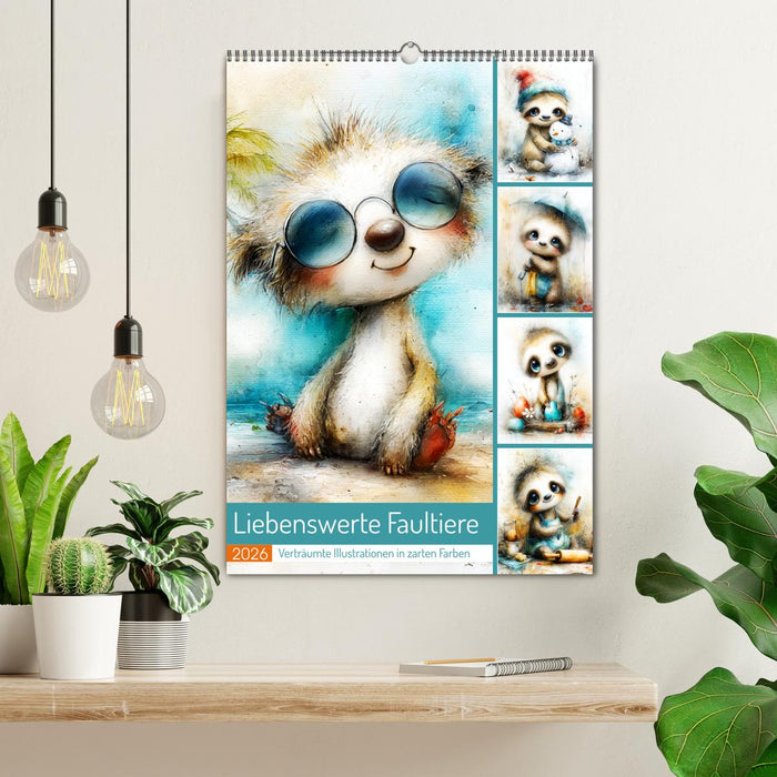 Liebenswerte Faultiere. Verträumte Illustrationen in zarten Farben (CALVENDO Wandkalender 2026)
