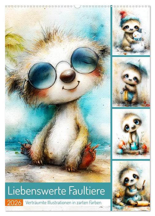 Liebenswerte Faultiere. Verträumte Illustrationen in zarten Farben (CALVENDO Wandkalender 2026)