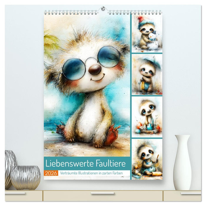 Liebenswerte Faultiere. Verträumte Illustrationen in zarten Farben (CALVENDO Premium Wandkalender 2026)