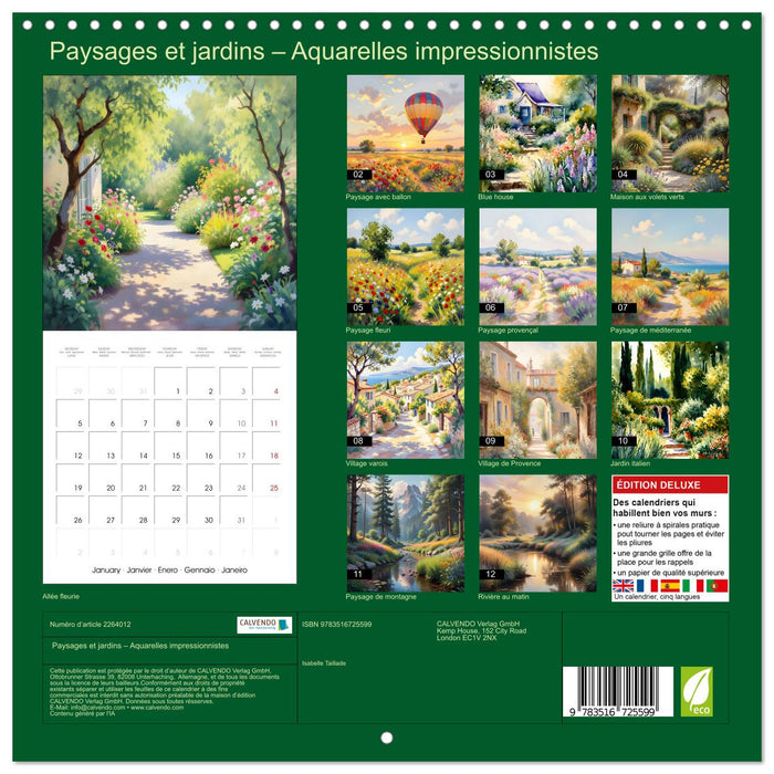 Paysages et jardins – Aquarelles impressionnistes (CALVENDO Calendrier mensuel 2026)