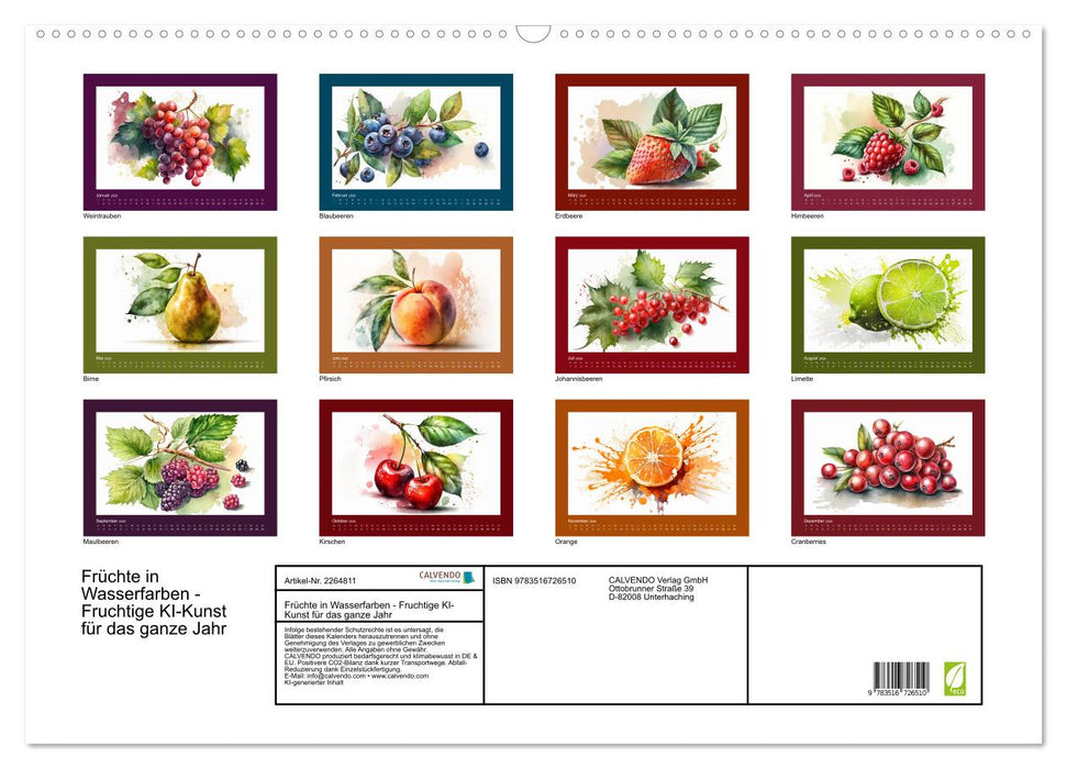 Früchte in Wasserfarben - Fruchtige KI-Kunst für das ganze Jahr (CALVENDO Wandkalender 2026)