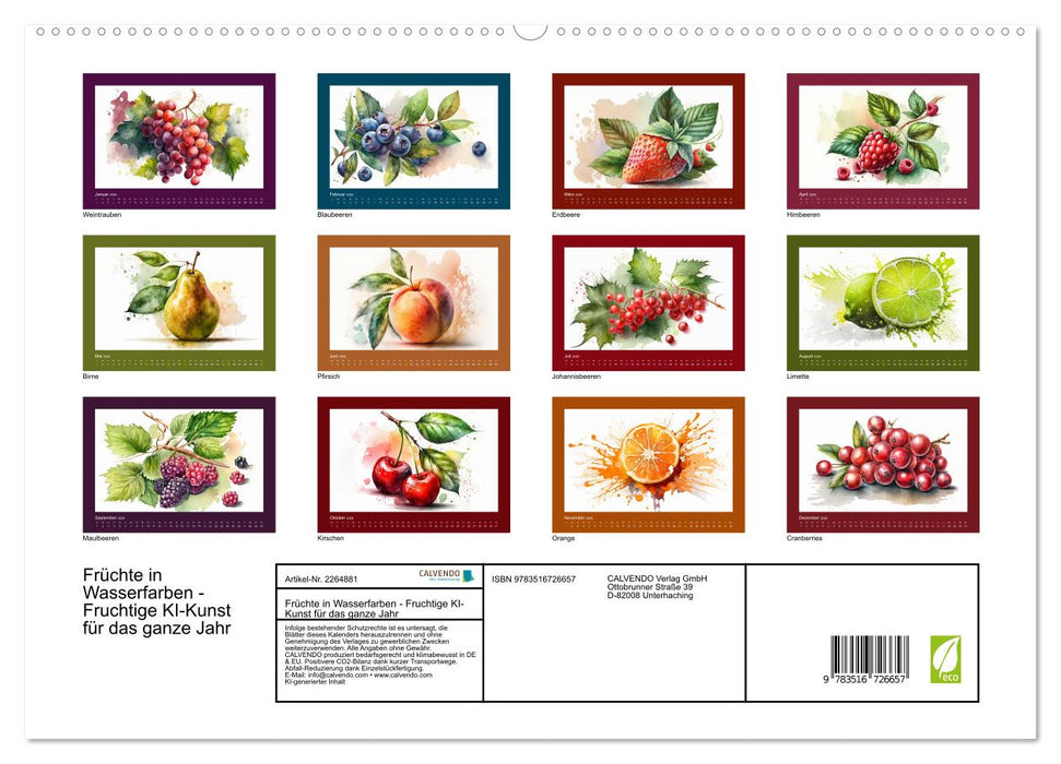 Früchte in Wasserfarben - Fruchtige KI-Kunst für das ganze Jahr (CALVENDO Premium Wandkalender 2026)
