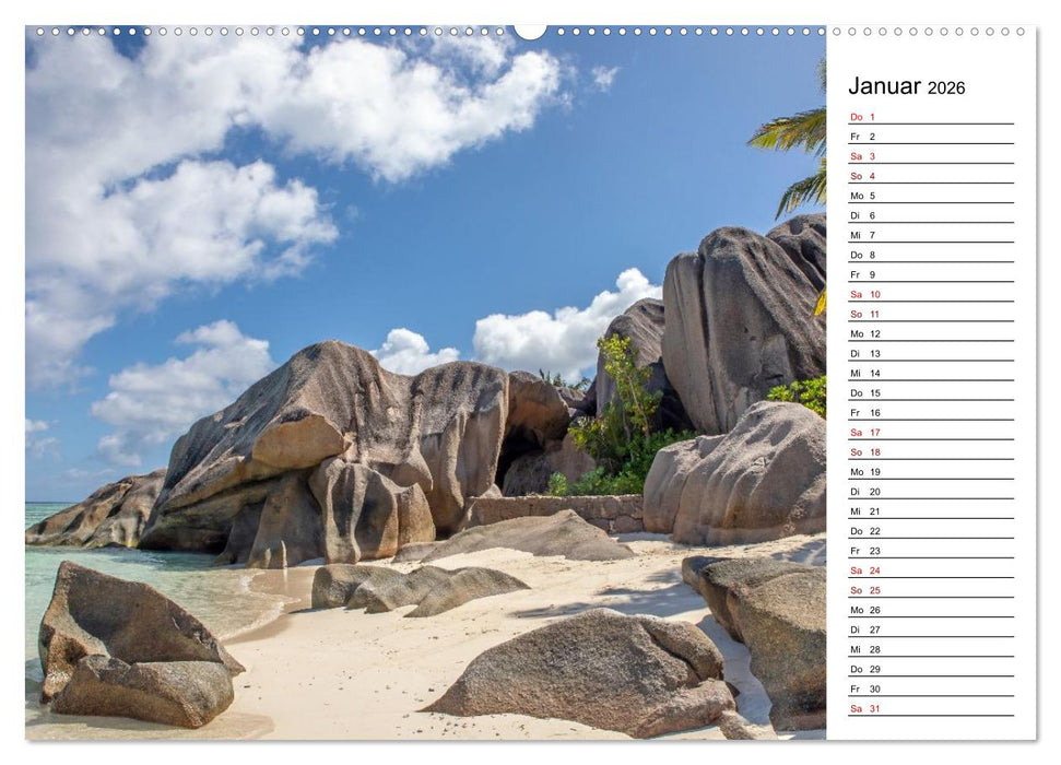 Seychellen: La Digue und Mahé - zwei Trauminseln (CALVENDO Premium Wandkalender 2026)