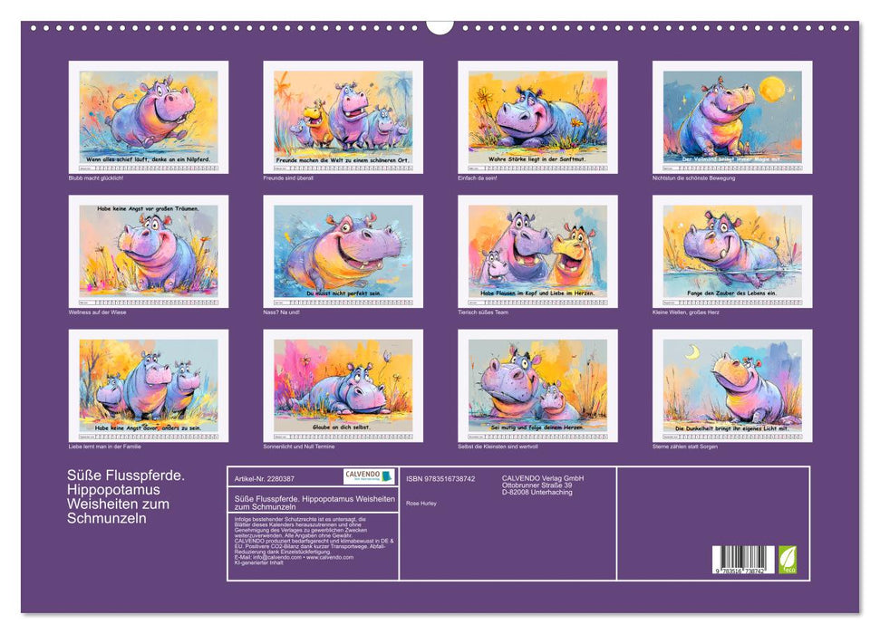 Süße Flusspferde. Hippopotamus Weisheiten zum Schmunzeln (CALVENDO Wandkalender 2026)