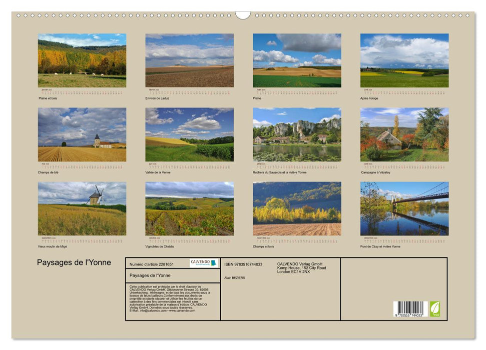 Paysages de l'Yonne (CALVENDO Calendrier mensuel 2026)