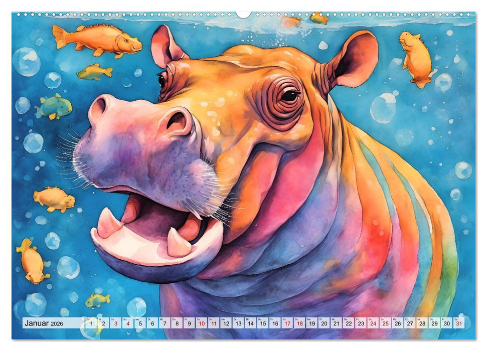 Hippos bekennen Farbe - kunterbunter Nilpferdspaß (CALVENDO Wandkalender 2026)