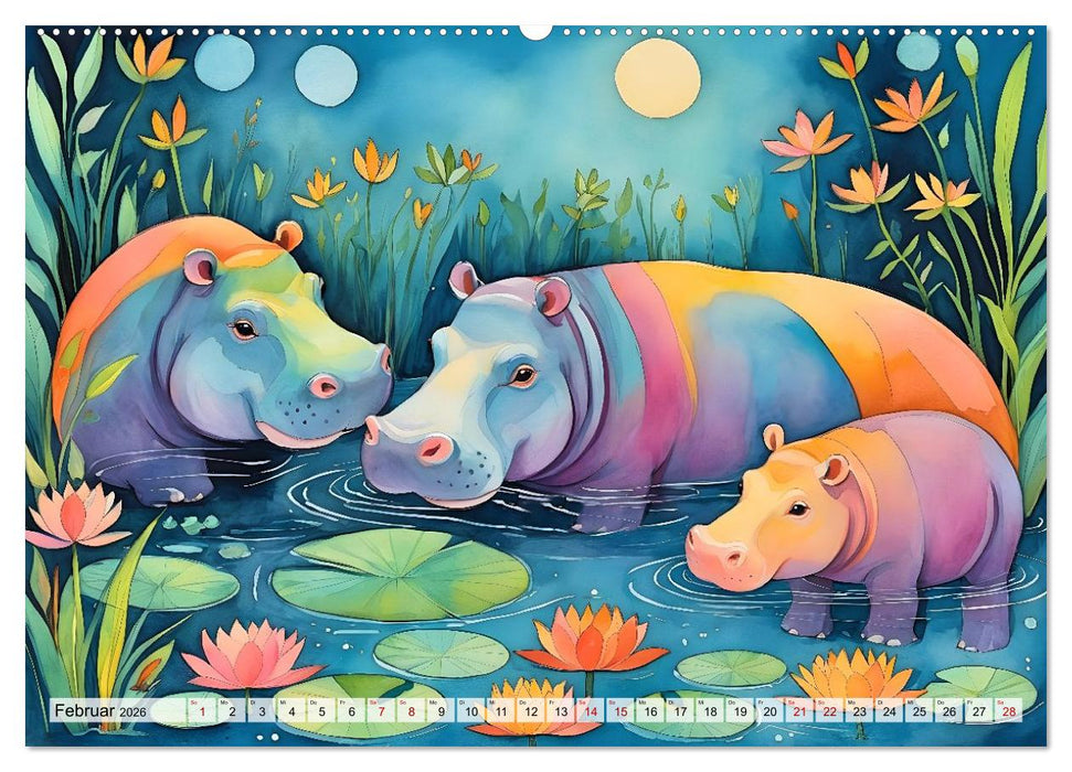 Hippos bekennen Farbe - kunterbunter Nilpferdspaß (CALVENDO Wandkalender 2026)