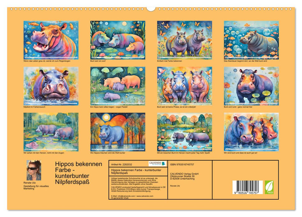 Hippos bekennen Farbe - kunterbunter Nilpferdspaß (CALVENDO Premium Wandkalender 2026)
