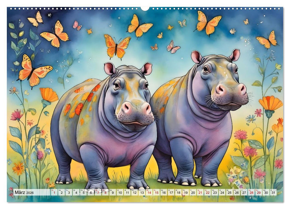 Hippos bekennen Farbe - kunterbunter Nilpferdspaß (CALVENDO Premium Wandkalender 2026)