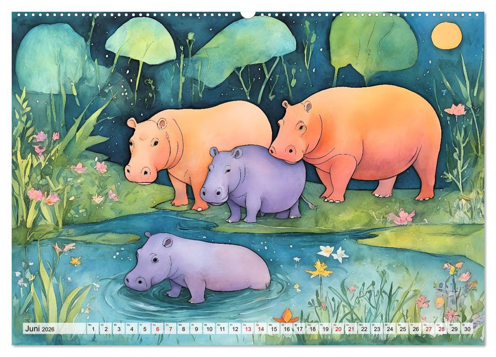 Hippos bekennen Farbe - kunterbunter Nilpferdspaß (CALVENDO Premium Wandkalender 2026)