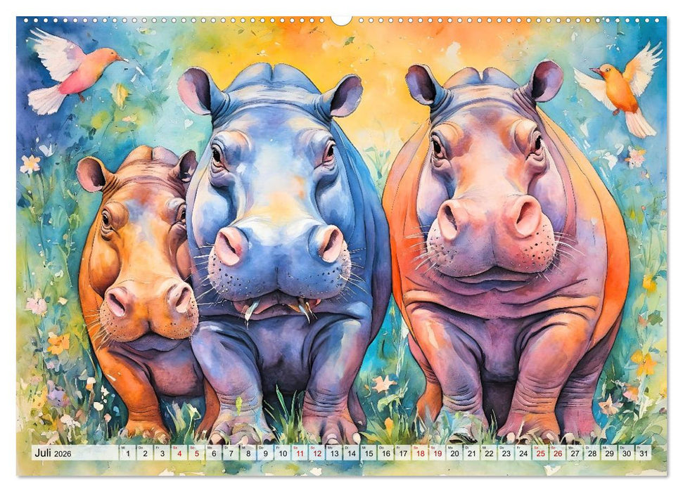 Hippos bekennen Farbe - kunterbunter Nilpferdspaß (CALVENDO Premium Wandkalender 2026)