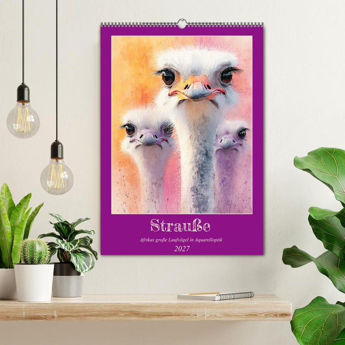 Strauße. Afrikas große Laufvögel in Aquarelloptik (CALVENDO Wandkalender 2027)