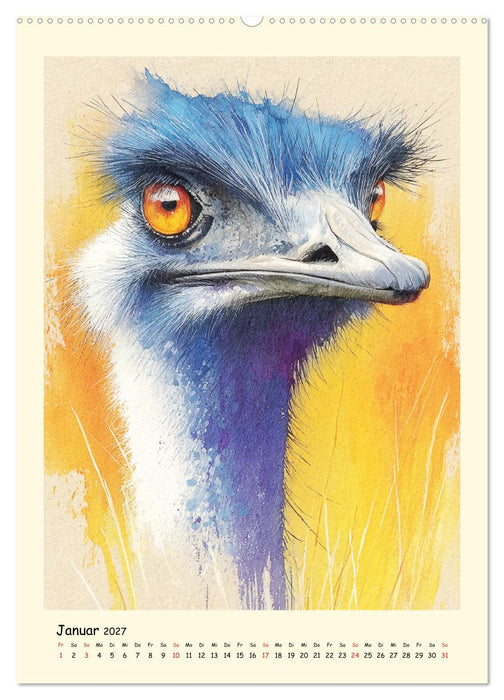 Strauße. Afrikas große Laufvögel in Aquarelloptik (CALVENDO Wandkalender 2027)