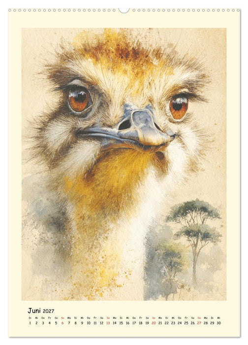 Strauße. Afrikas große Laufvögel in Aquarelloptik (CALVENDO Premium Wandkalender 2027)